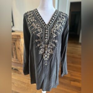 Sigrid Olsen Signature V-Neck Embroidered Black Silk Blouse Boho Bohemian Silk